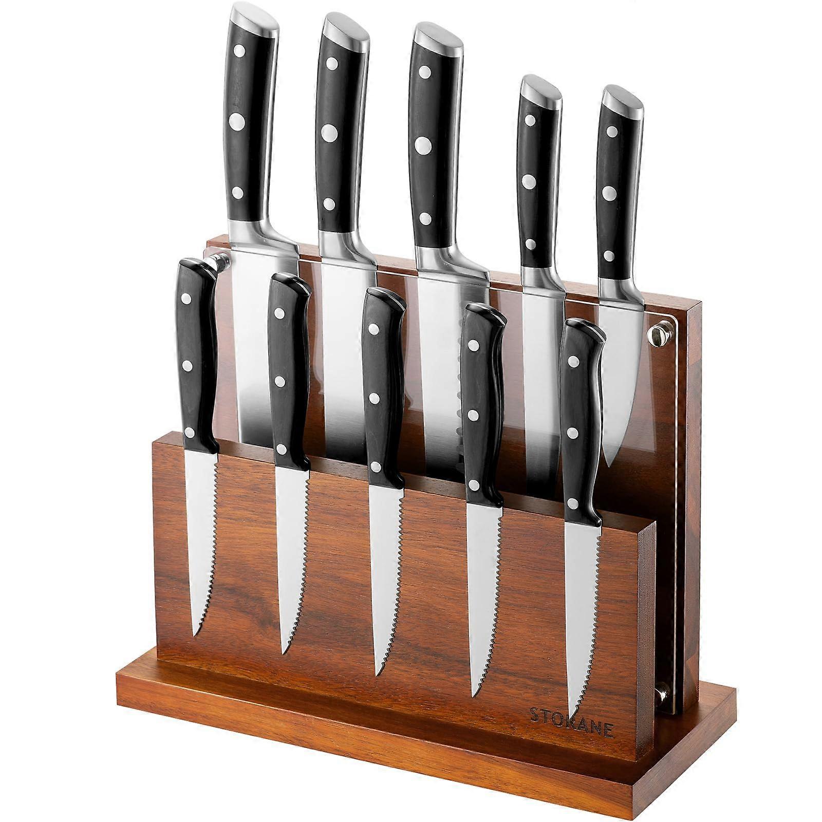 Magnetic Knife Block Extra Large Acacia Wood FourSided Holder with Acrylic Shield and Strong Grip
