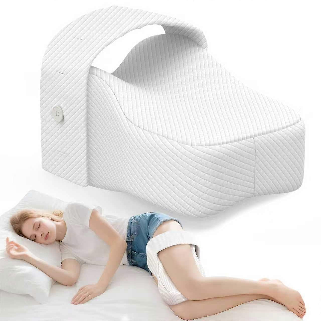 Knee Pillow for Side Sleepers with Adjustable Strap – Memory Foam Cushion for Hip Back Pain Relief (White)