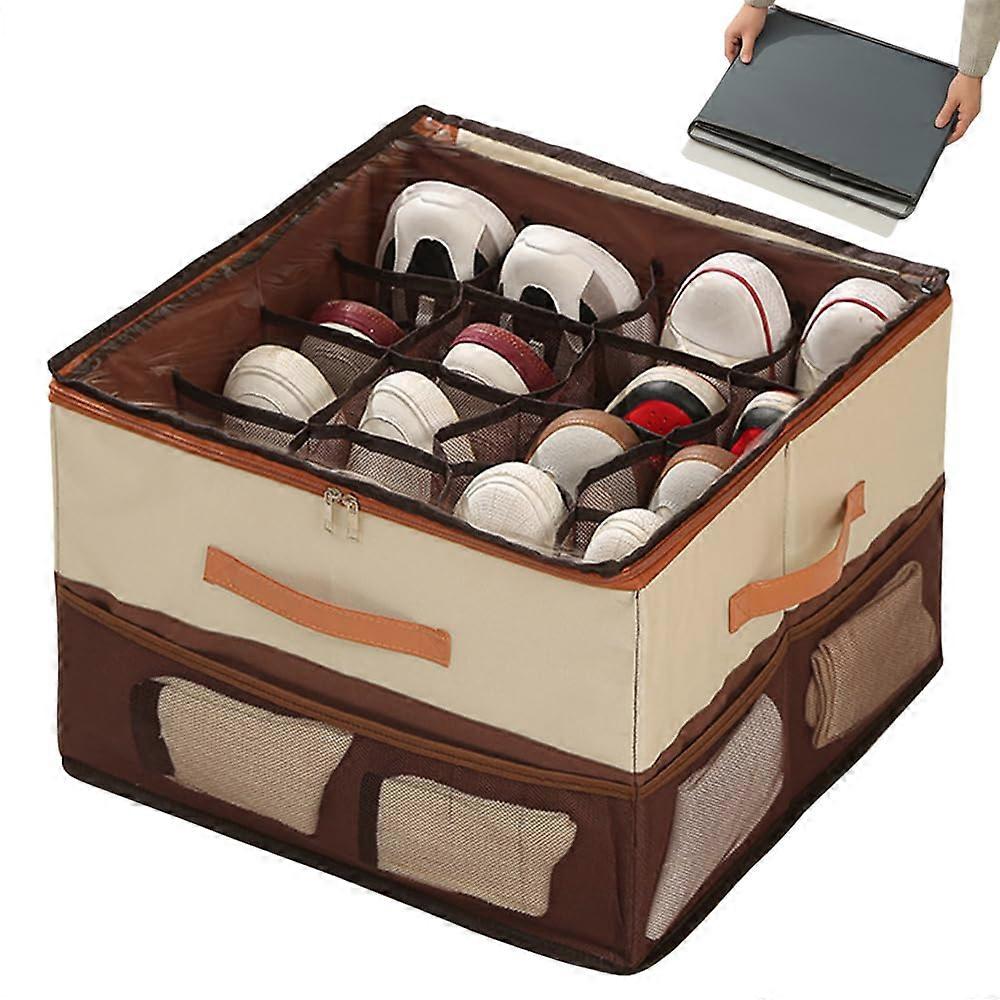 Shoe Storage Organizer with Clear Lid and 16 Adjustable Dividers, Under Bed Large Beige Box