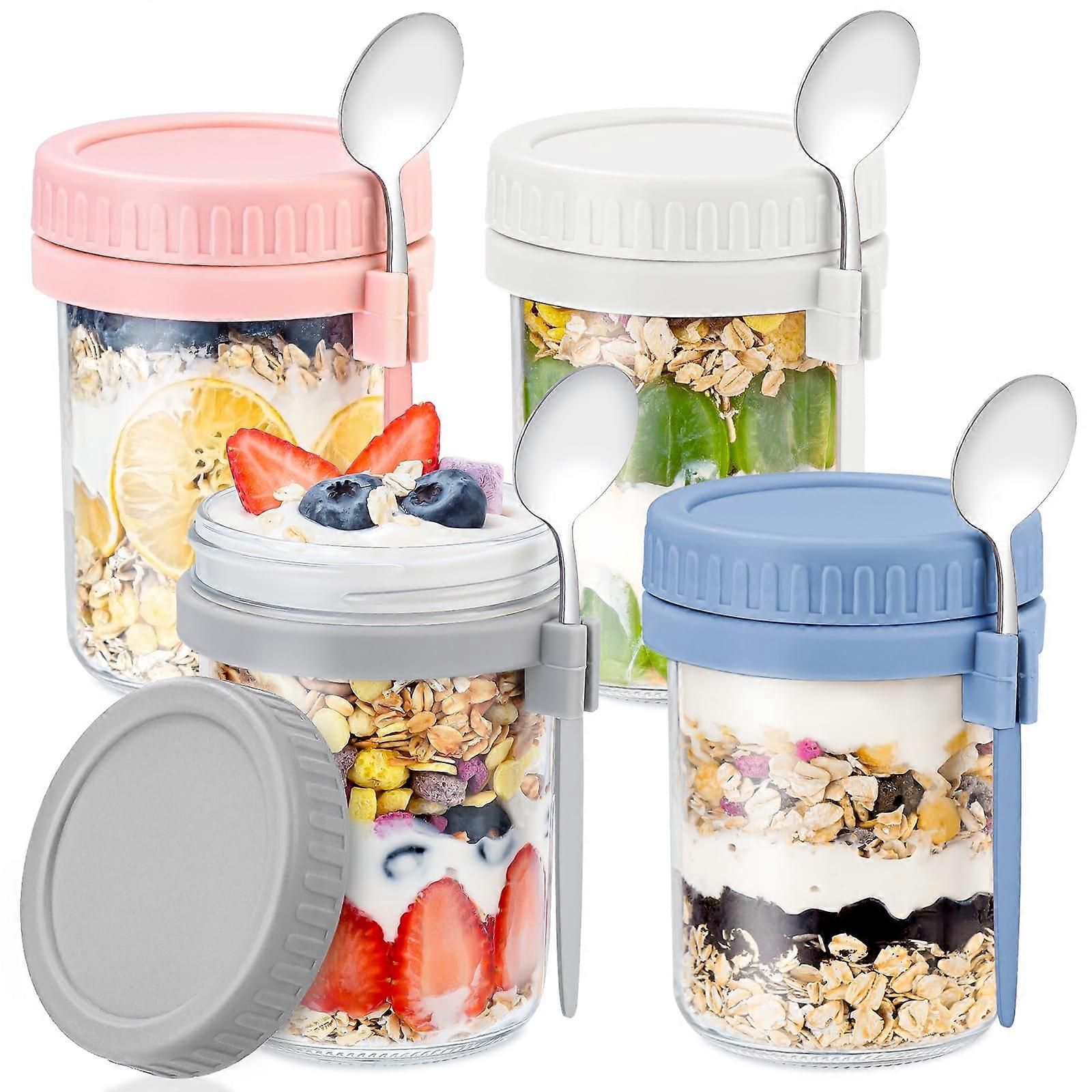 4 Pack 16 oz Overnight Oats Containers with Lids and Spoons, LeakProof Glass Mason Jars for Meal Prep