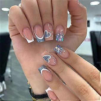 Lot de 24 faux ongles carrés moyens à paillettes bleues en forme de cœur pour femmes et filles, couverture complète