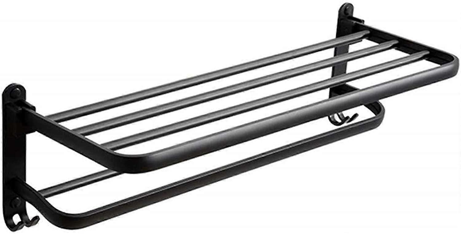 Black Aluminum Wall Mounted Towel Rack 60cm Foldable SpaceSaving Bathroom Shelf
