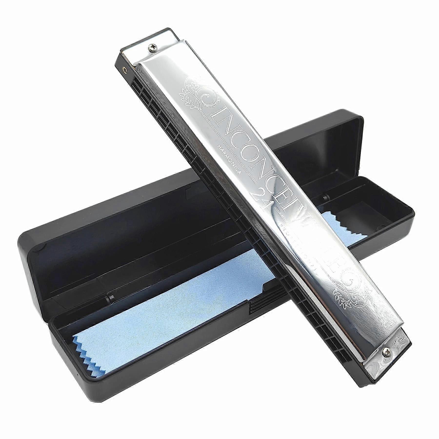24 Hole Tremolo Harmonica C Key OctaveTuned Rich Sound with Protective Storage Box