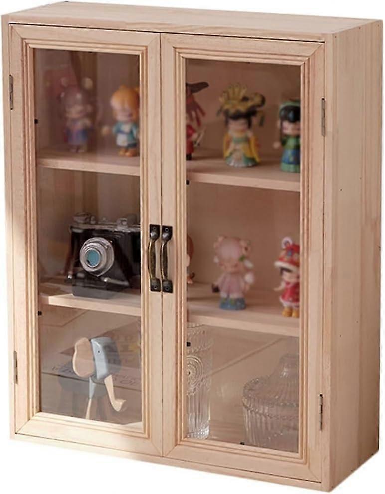 Solid Wood Countertop Storage Cabinet with Clear Doors, Wall Mounted Display Case for Collectibles