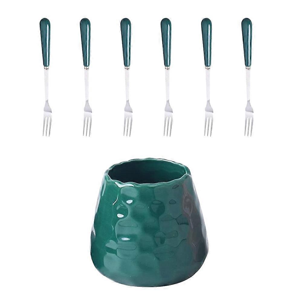 Ceramic Forks Storage Can for Fruit Set with Dark Green Storage Jar