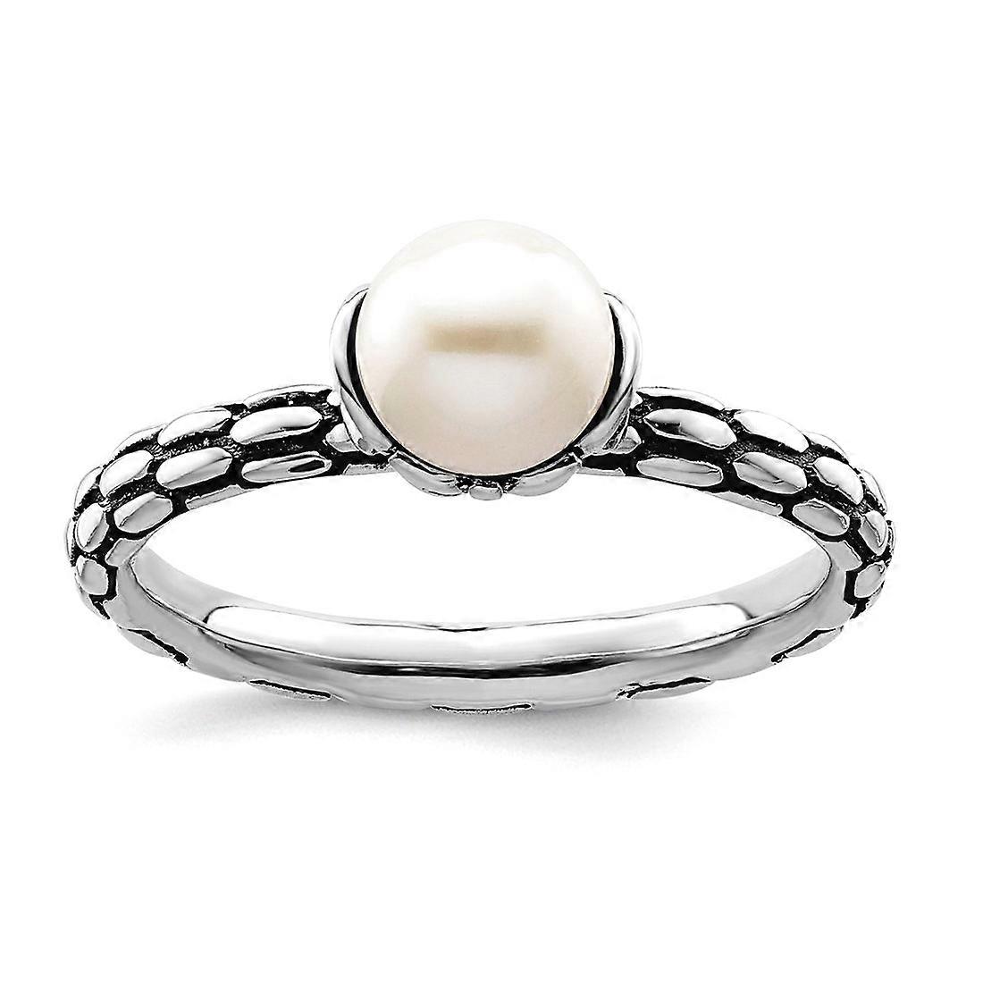 2.5mm 925 Sterling Silver Oxidized Stackable Polished Patterned White Freshwater Cultured Pearl Ring Stackable Ring for