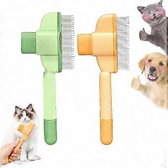 Self-Cleaning Pet Brush for Cats and Dogs, Massage and Hair Cleaning Tool, Green and Yellow Grooming Comb