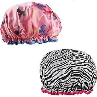 Set of 2 double-layer shower caps, reusable, elastic, waterproof, with ruffles to cover the ears, satin shower cap for women