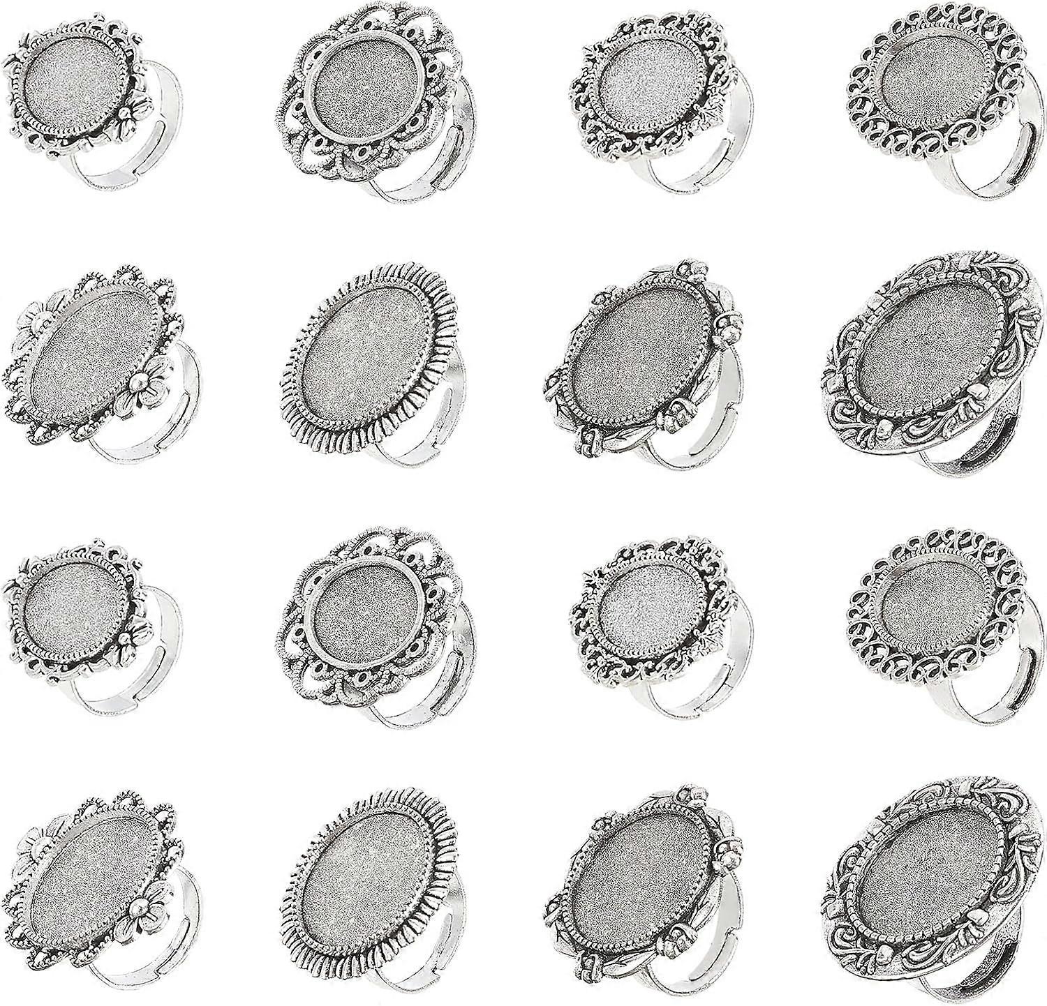 16pcs Vintage Style Adjustable Ring Blanks Classic Ring Settings Flat Ring & Oval Ring Components Cabochon Bezel Setting Trays