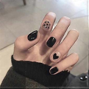 Short Square Black Glossy Heart Press on Nails, 24 Sizes Acrylic Fake Nails for Women
