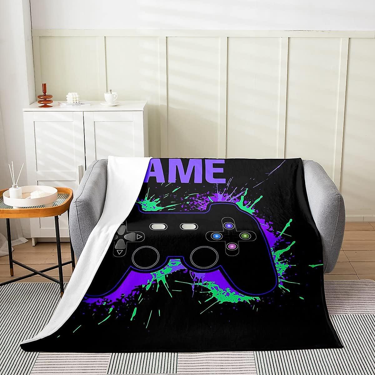 Gamer Flannel Fleece Throw Blanket,Gaming Gamepad Fuzzy Blanket For Bed Sofa,All Season Video Game Game Controller Purple Green Bed Blanket Breathable