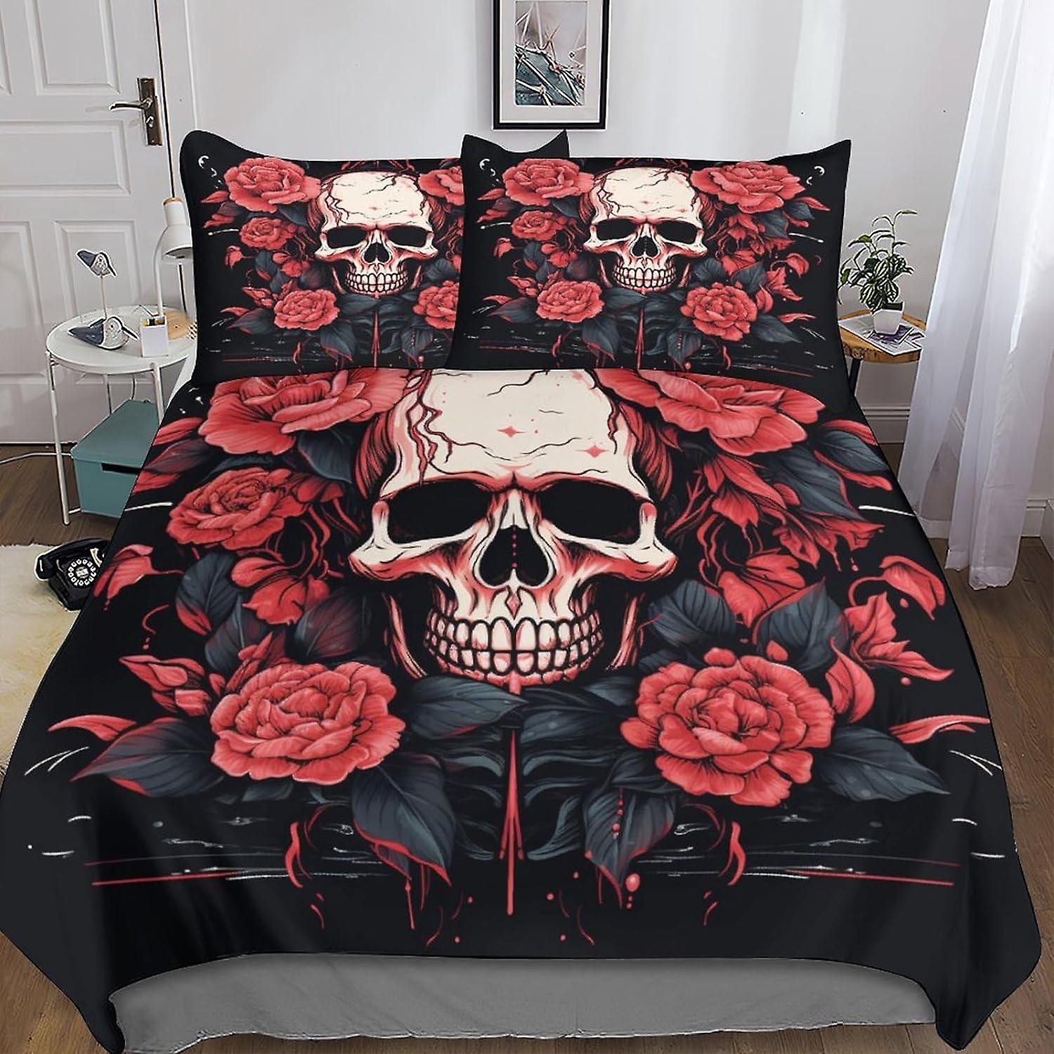 VCLUST Blommor Dödskalle Påslakan Mikrofiber Sängkläder Set, 3D-tryck Täcke Evil Skelett Täcke, Med Dragkedja Stängning, Mjuk För Män Kvinna Barn Comfor