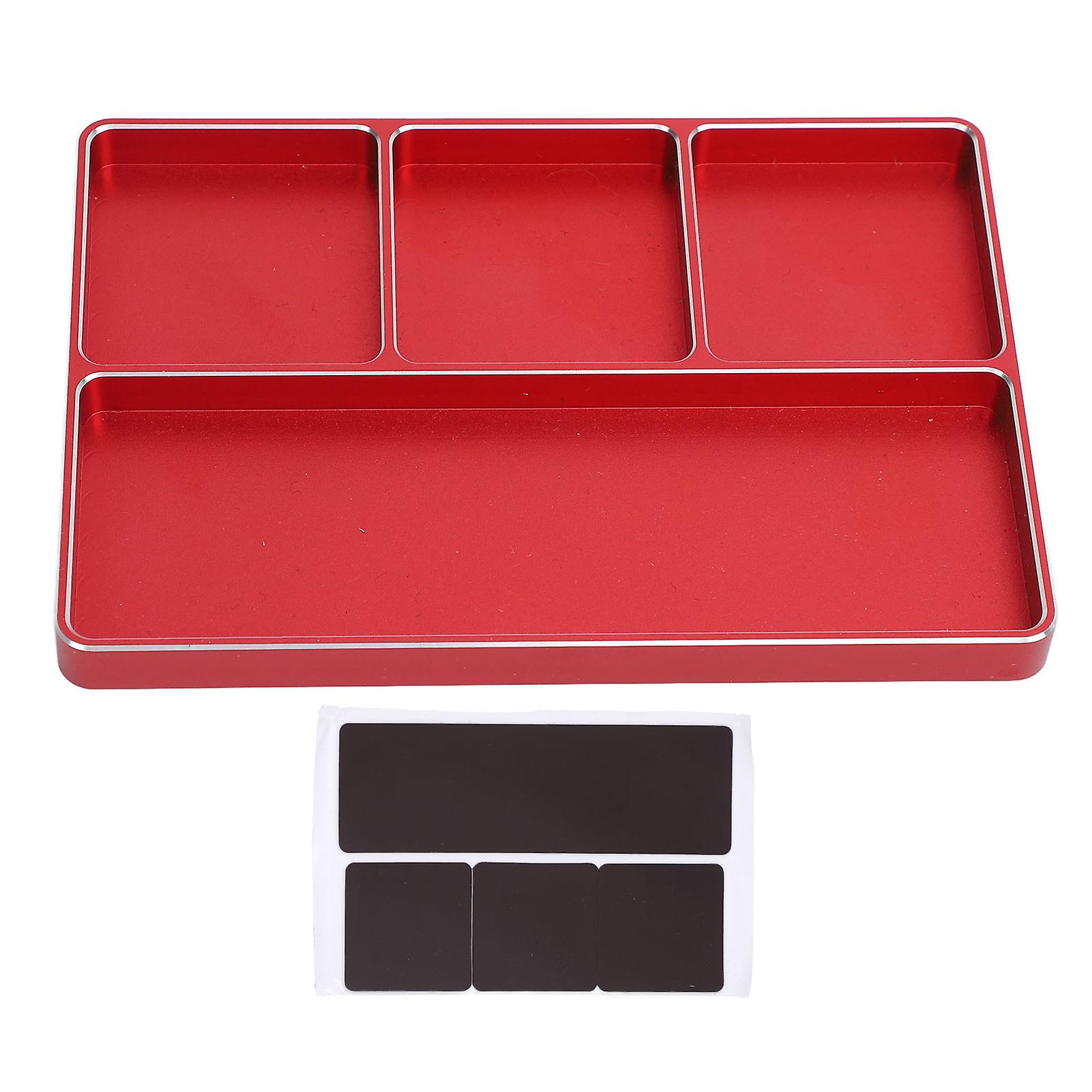 RC 4 Grids Aluminum Alloy Repair Screw Tray with Magnetic Pad for 1/10 1/8 RC Car and RC Airplanes, Red