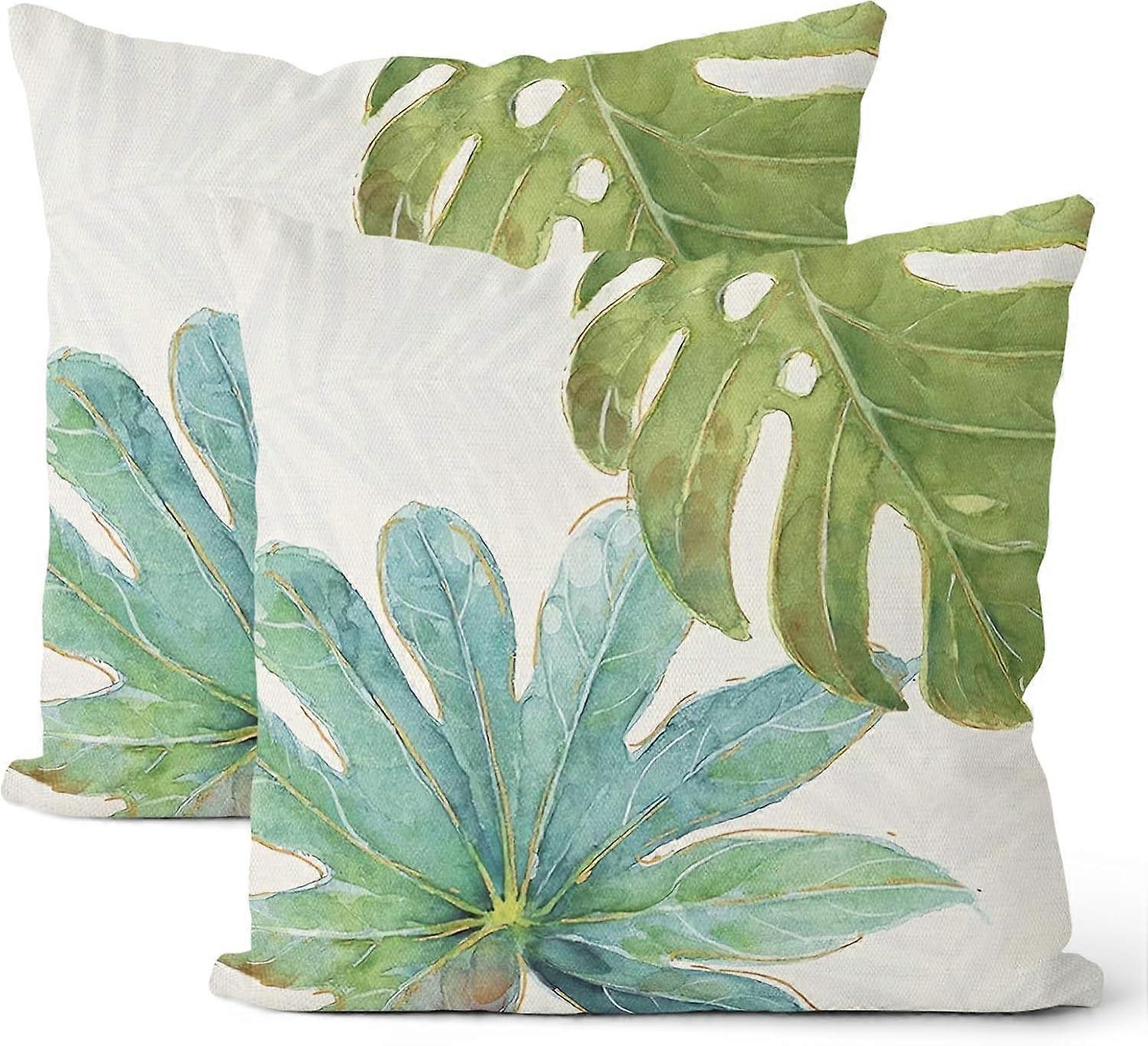 Summer Tropical Leaves Pillow Covers 18x18 Set of 2, Green Monstera Palm Decor Throw Pillow Covers Linen Outdoor Decorative Summer Cushion Case for Co