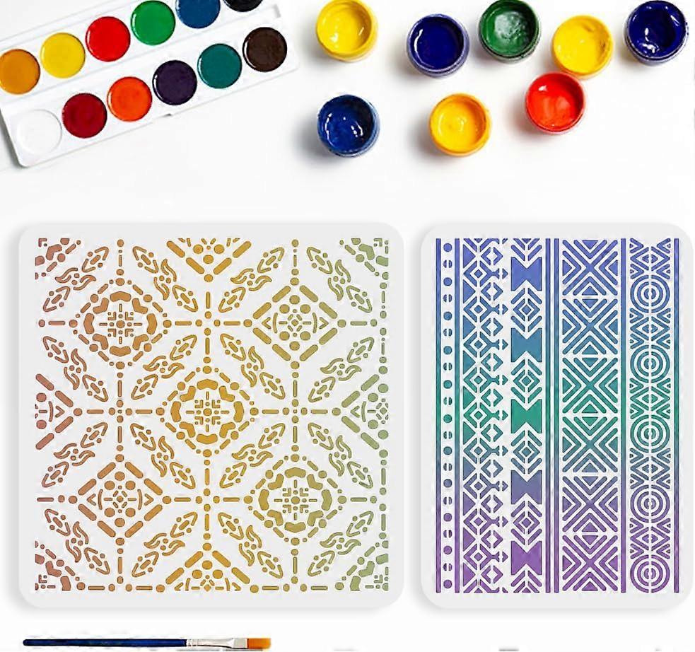 2pcs Artistic Pattern Stencil 11.811.8/11.78.3inchGeometric Diamond Pattern Stencils with Paint Brush Decorative Mandala Stencils Template for Wall Wo