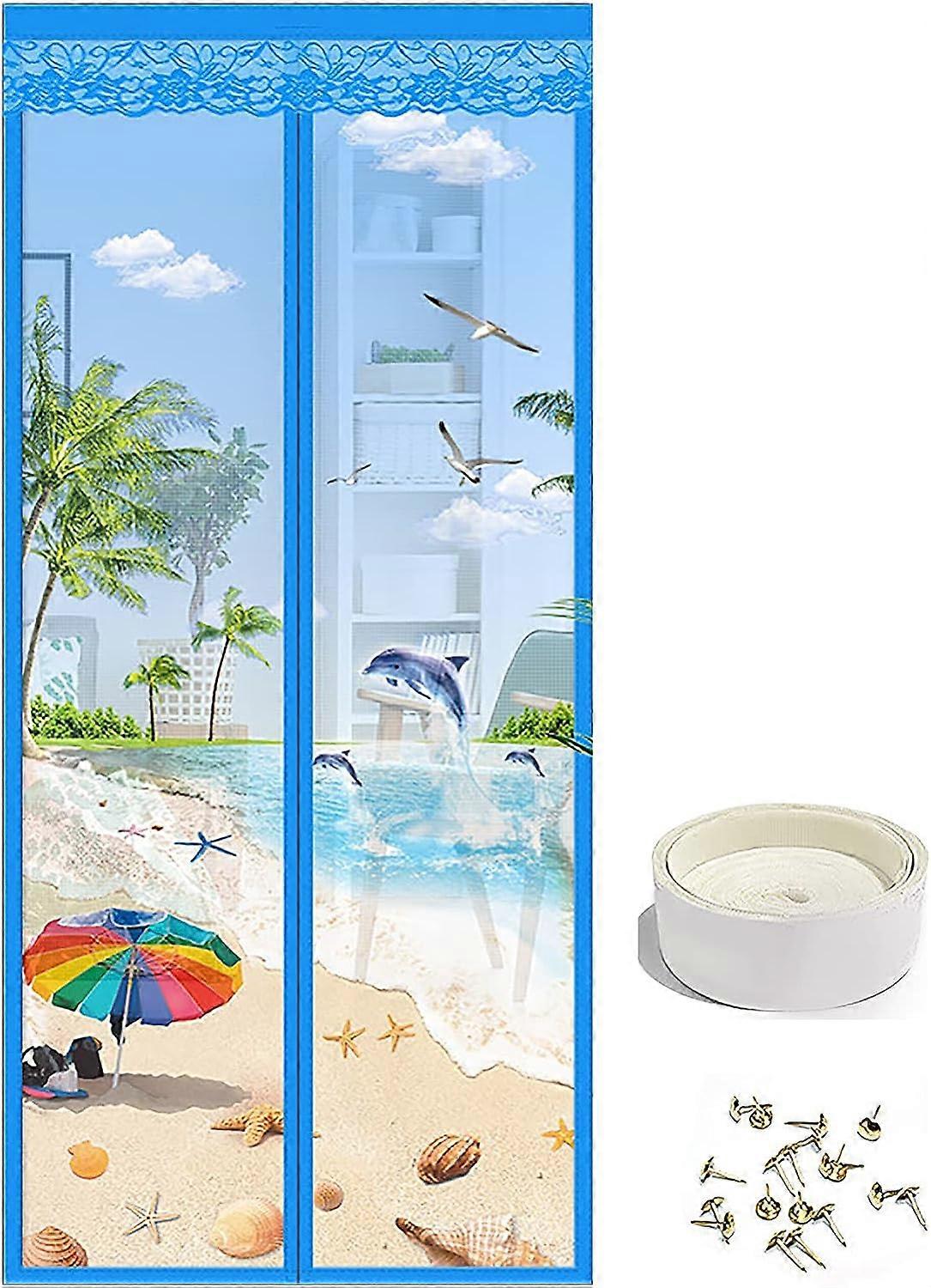 Floral Magnetic Insect Door Screen High Density Fly Bug Mosquito Mesh Curtain Top-to-Bottom Let Fresh Air in Automatically Shut Door Curtain 90x210 cm