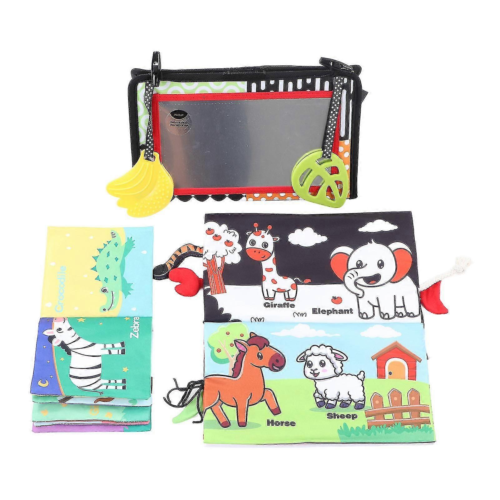 3 in 1 Animal Theme Crinkle Cloth Books Set with Baby Mirror for Tummy Time