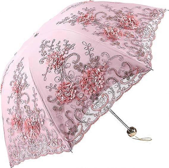 Retro lace sunscreen umbrella folding 3D pattern embroidery umbrella pink
