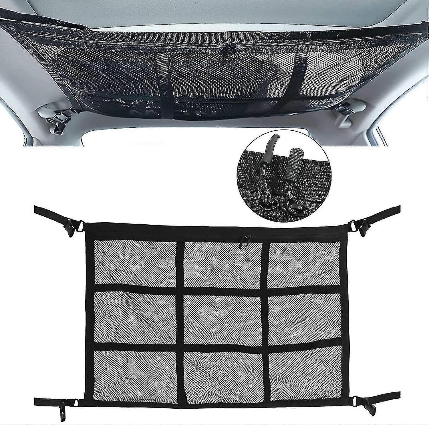Car Ceiling Cargo Storage Net - Interior Car Roof Storage Zipper Organizer Double-Layer Mesh