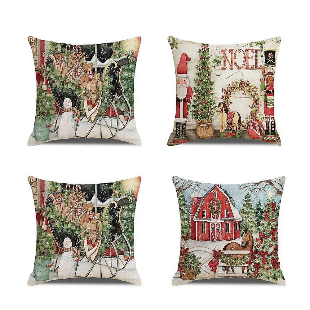 Christmas Pillow Case Linen Red Cartoon Pillow Case Sofa Cushion Home 4 Piece Set