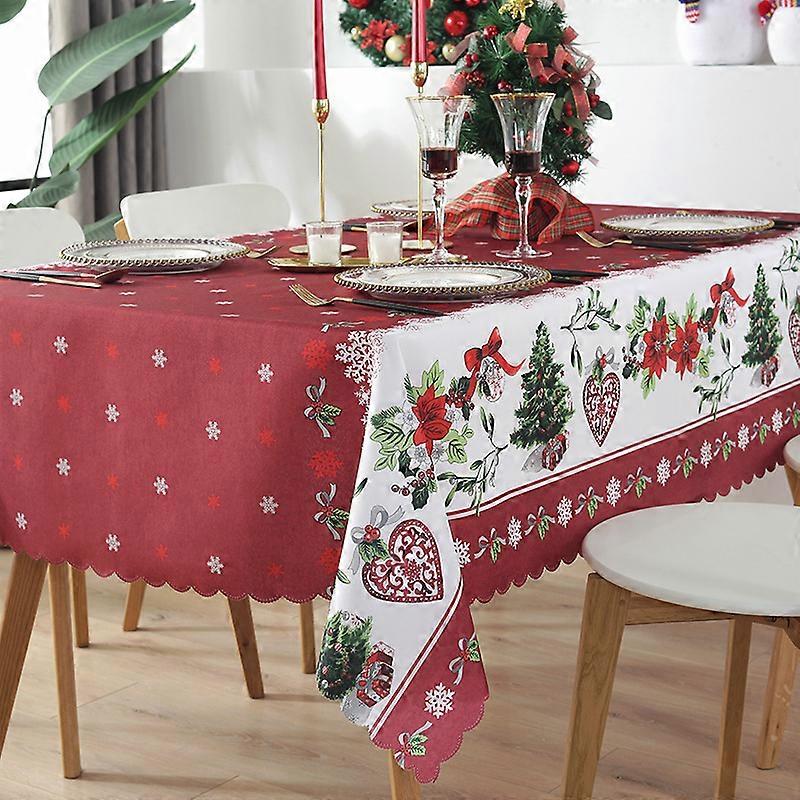 Villages de Provence - Rectangular Anti-Stain Christmas Tablecloth - Red White - 300x150 cm - Snowflake Sleigh Christmas - 8/10 Place Settings