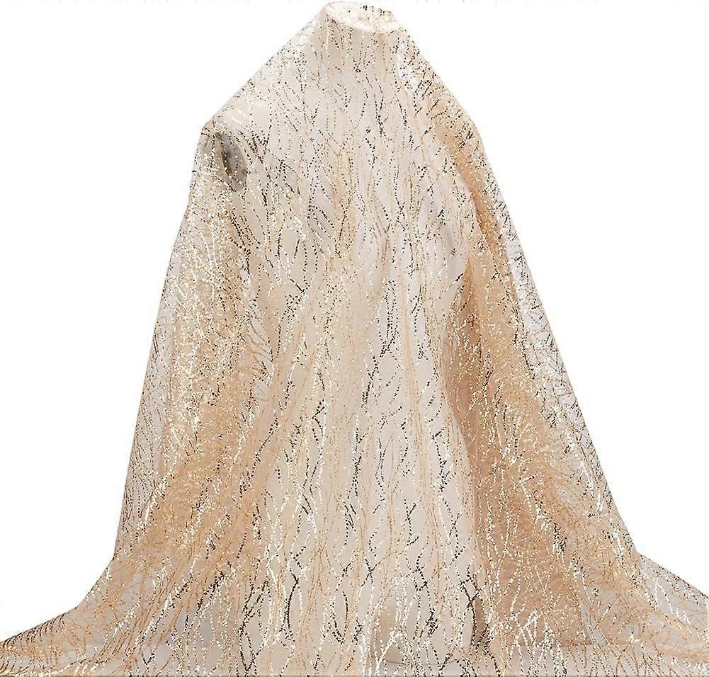 2Yards Gold Wavy Sequin Fabric 59inch Width Glitter Embroidered Tulle Fabric Polyester Mesh Gilded Lace Fabric for Wedding Reception Prom Tables Party