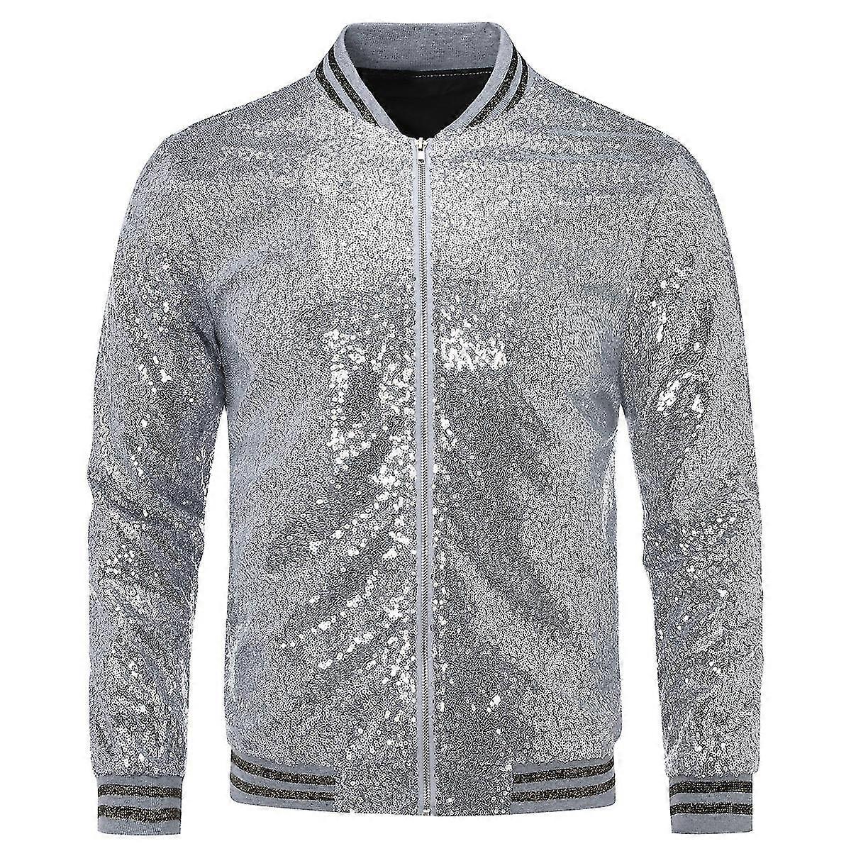 Mens Sequins Casual Zipper Party Bomber Jacket