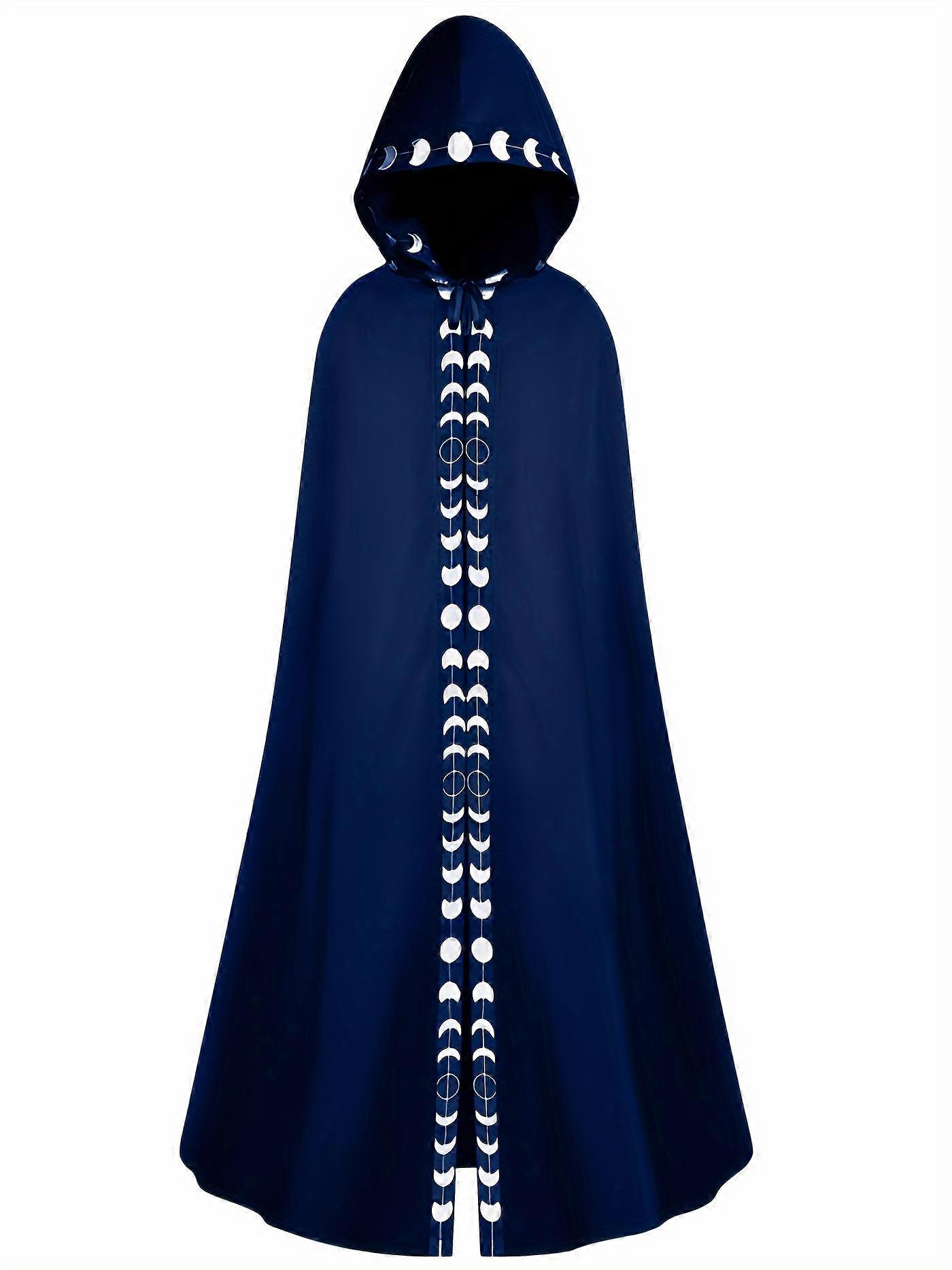 New style Men's Moon Phases Graphic Print Hooded Cloak, Mysterious Medieval Renaissance Long Cape Ritual Robe For Halloween Party Gift
