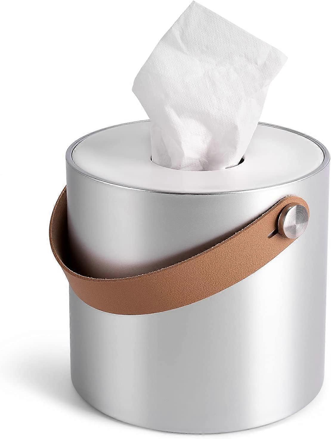 جولة موزع الأنسجة حامل البلاستيك مربع غطاء منديل المنظم مع مقابض جلدية