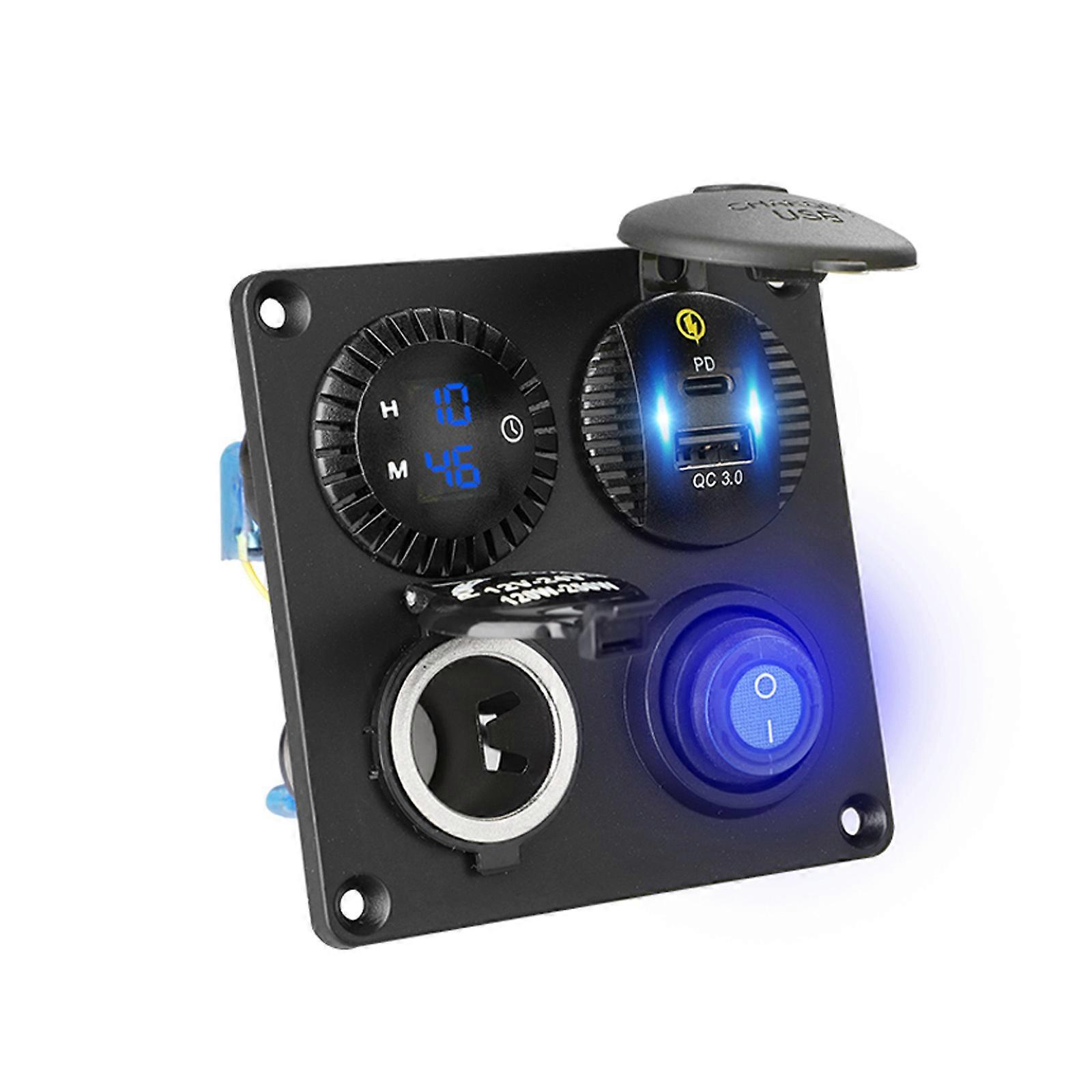 12V 24V Car Digital Clock Type C PD QC3.0 USB Fast Charger 12V Socket Power ON OFF Switch for Truck SUV Boat Marine