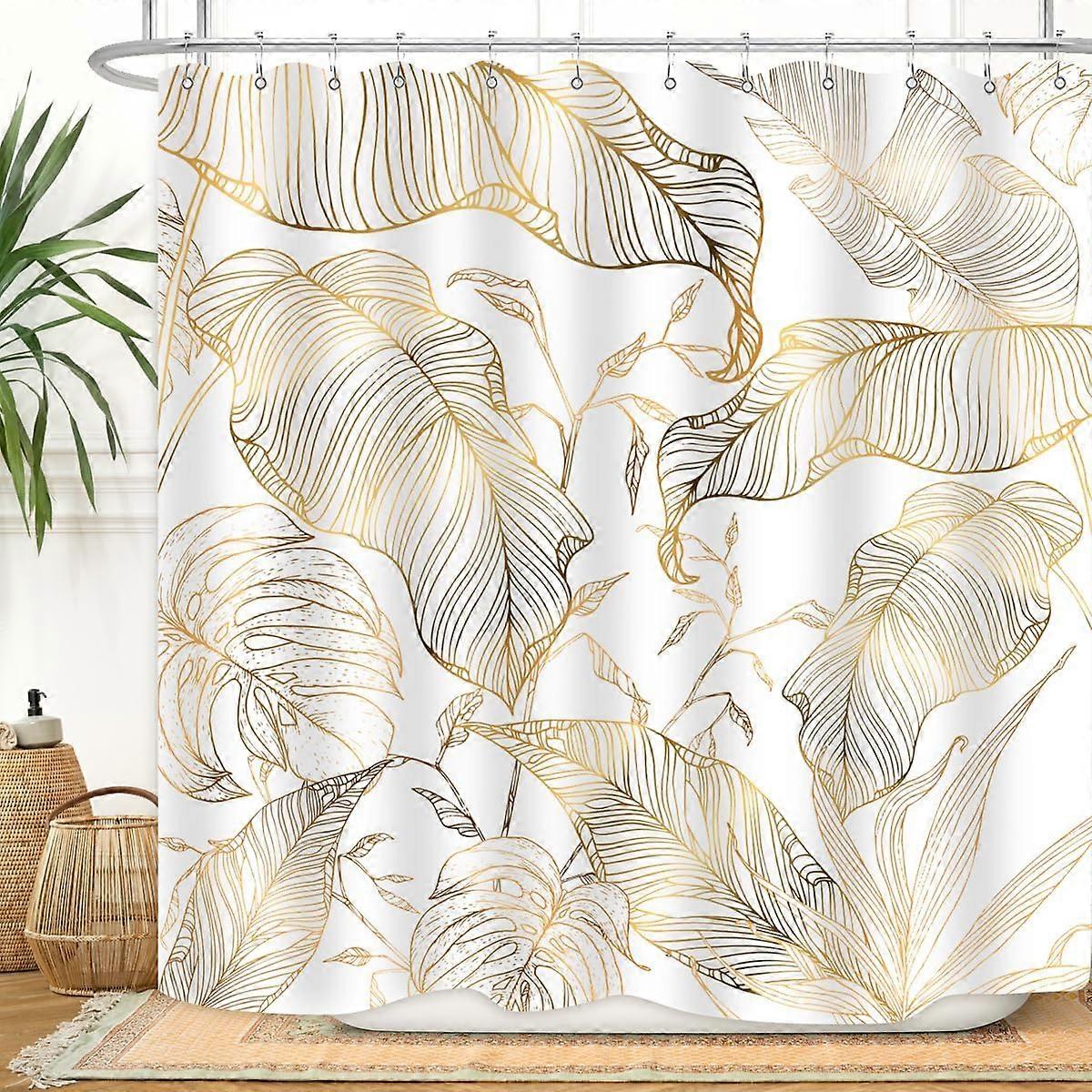 Linki Or blanc Feuilles de palmier tropicales Rideau de douche Abstrait Feuille de bananier Cuivre C