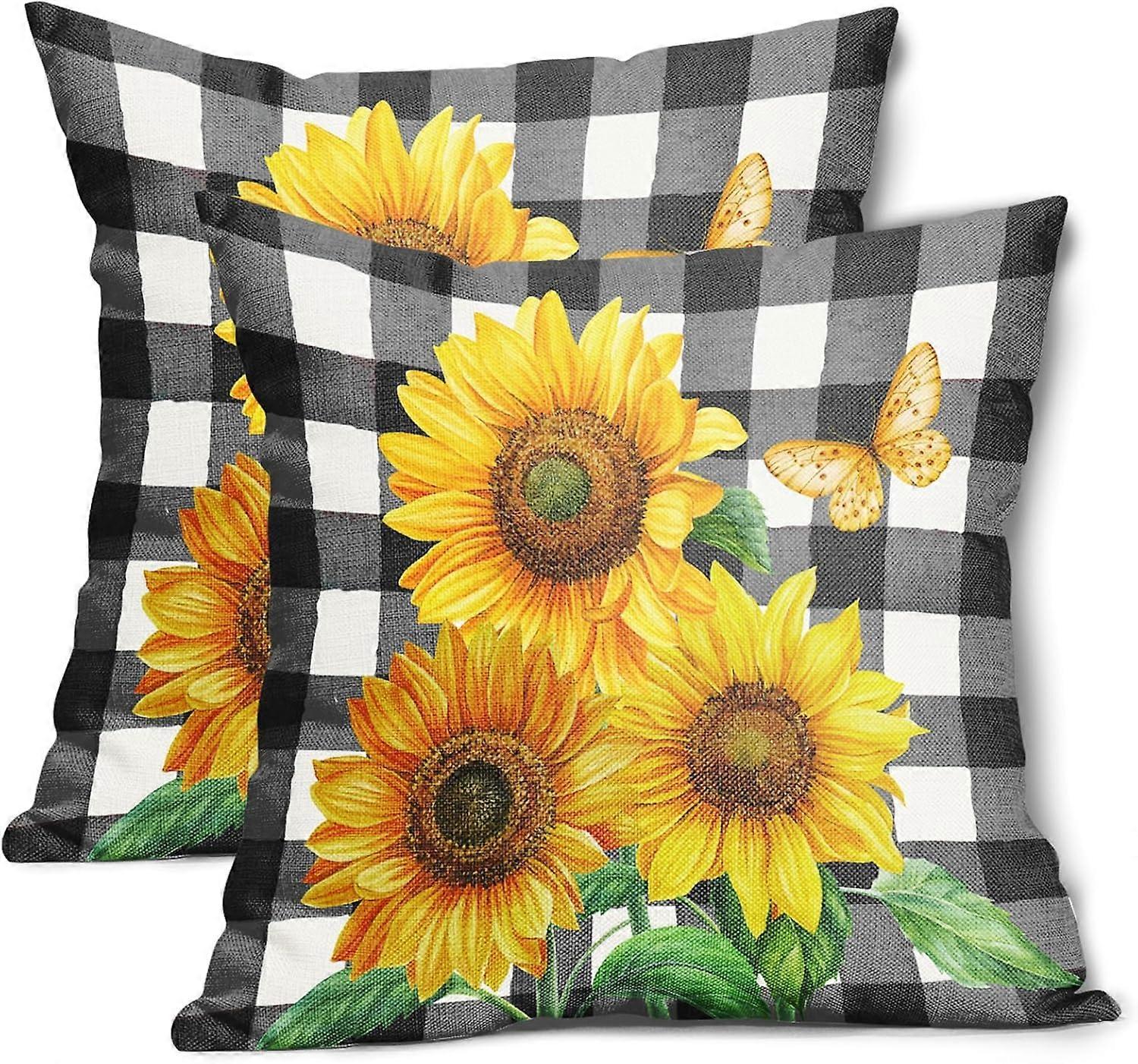أغطية وسادة عباد الشمس 16x16 بوصة ربيع وصيف الأزهار الزخرفية رمي وسادة كيس أسود وأبيض جاموس منقوشة غطاء وسادة مجموعة من 2 ديكور المنزل و