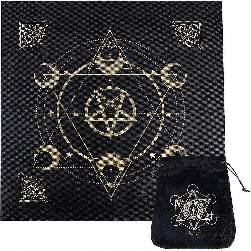 1Pc Pentagram Non-woven Square Altar Tarot Tablecloth with 1Pc Metatron's Cube Velvet Tarot Cards Storage Drawstring Bags Black Tablecloth: 490x490x0.