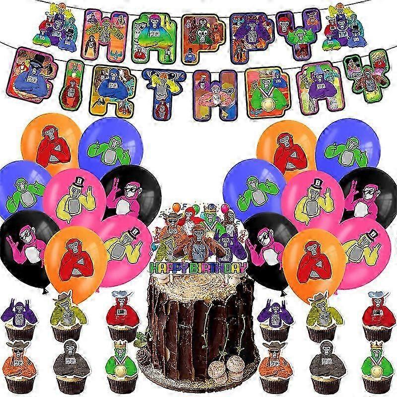 Gorilla Tag themed birthday party decorations Gorilla game flag cake with balloons and spiral arrangement