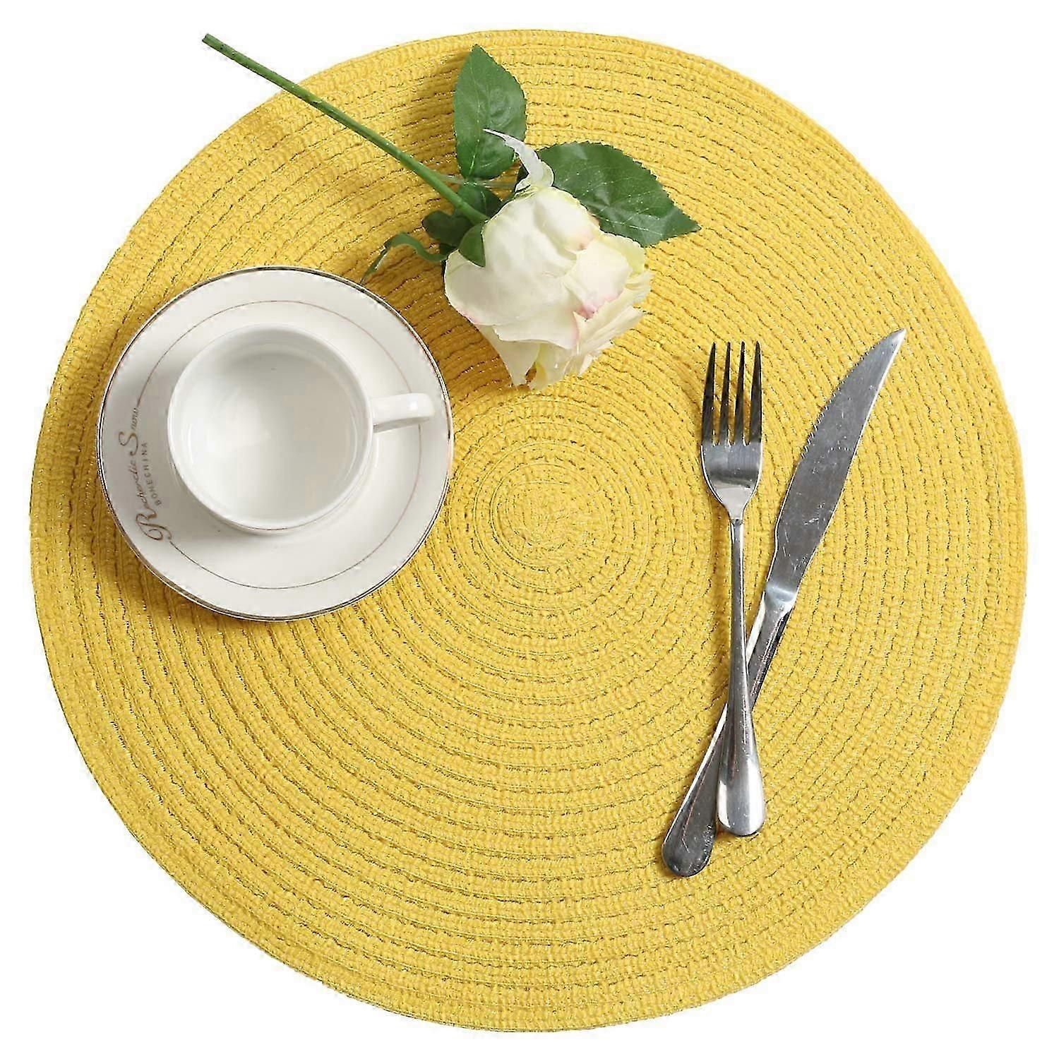 Ensemble de 4 sets de table tressés en coton rond Tapis de table antidérapants pour table de cuisine à manger lavable 15 pouces, jaune