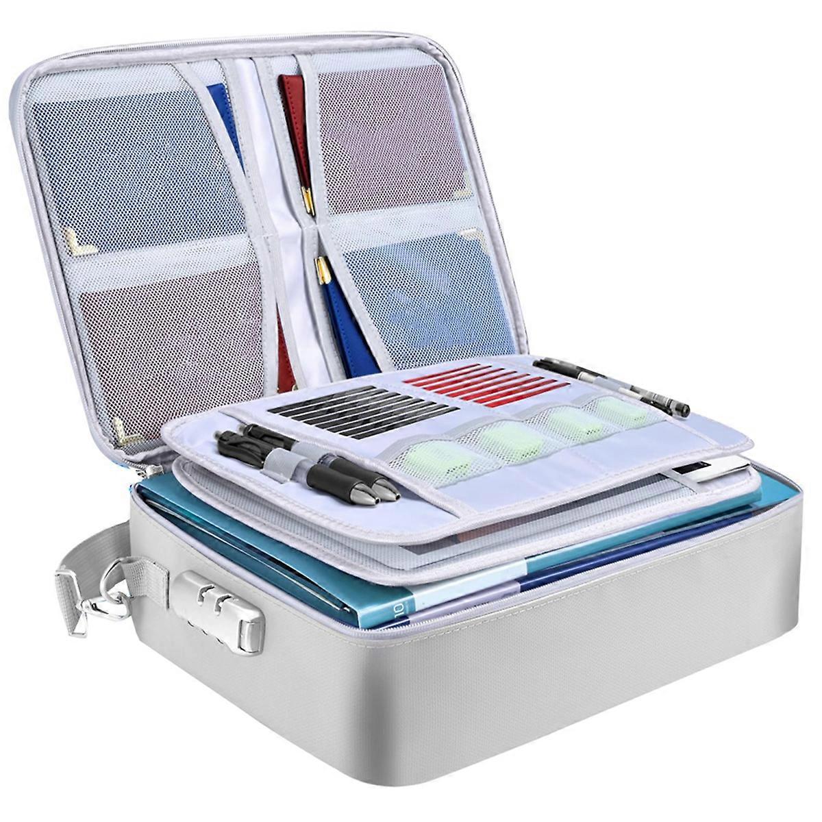 Fireproof Document Bag with Lock, Portable Waterproof Fire Proof File Organizer Box (Silver)