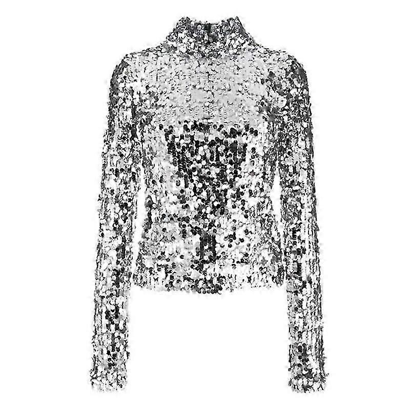 Women's Summer High Neck Temperament Sequins Long Sleeve Top