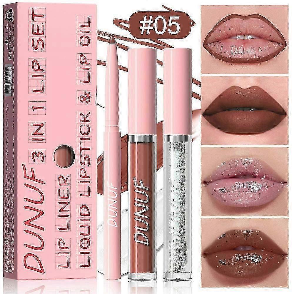 Ensemble de brillant à lèvres 3-en-1, Crayon à lèvres rose nude Bâton à lèvres imperméable longue durée Teinture à lèvres hautement pigmentée Ensemble de brillant à lèvres haute durée à l’eau Longue durée de l’action en matière de brillant à lèvres, Gif
