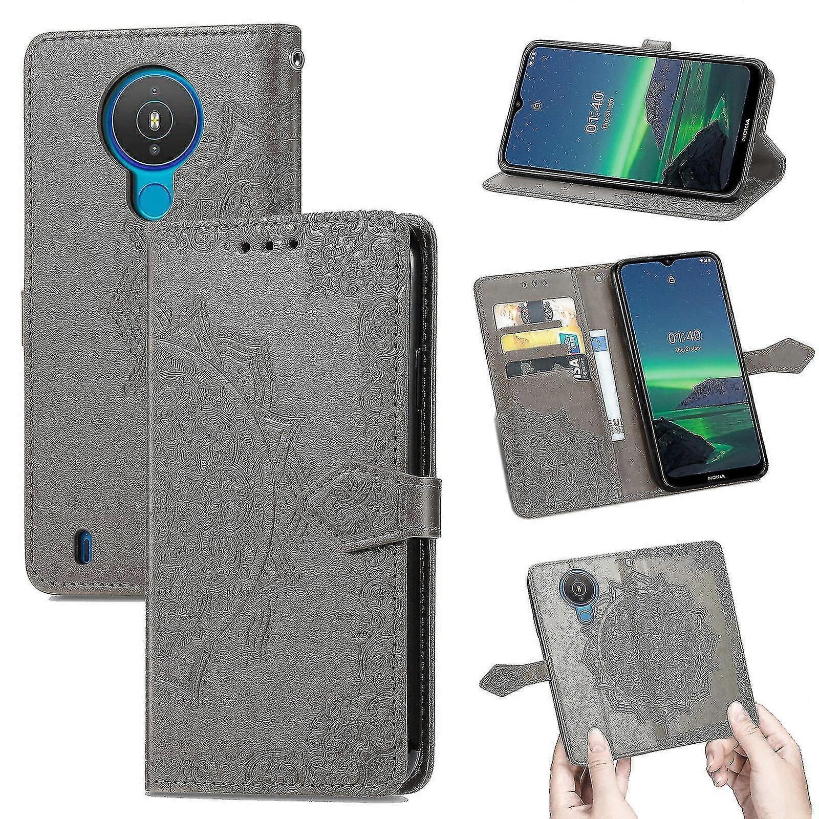 نوكيا 1.4 حالة الجلود محفظة غطاء تنقش ماندالا المغناطيسي الوجه حماية Shockproof - رمادي