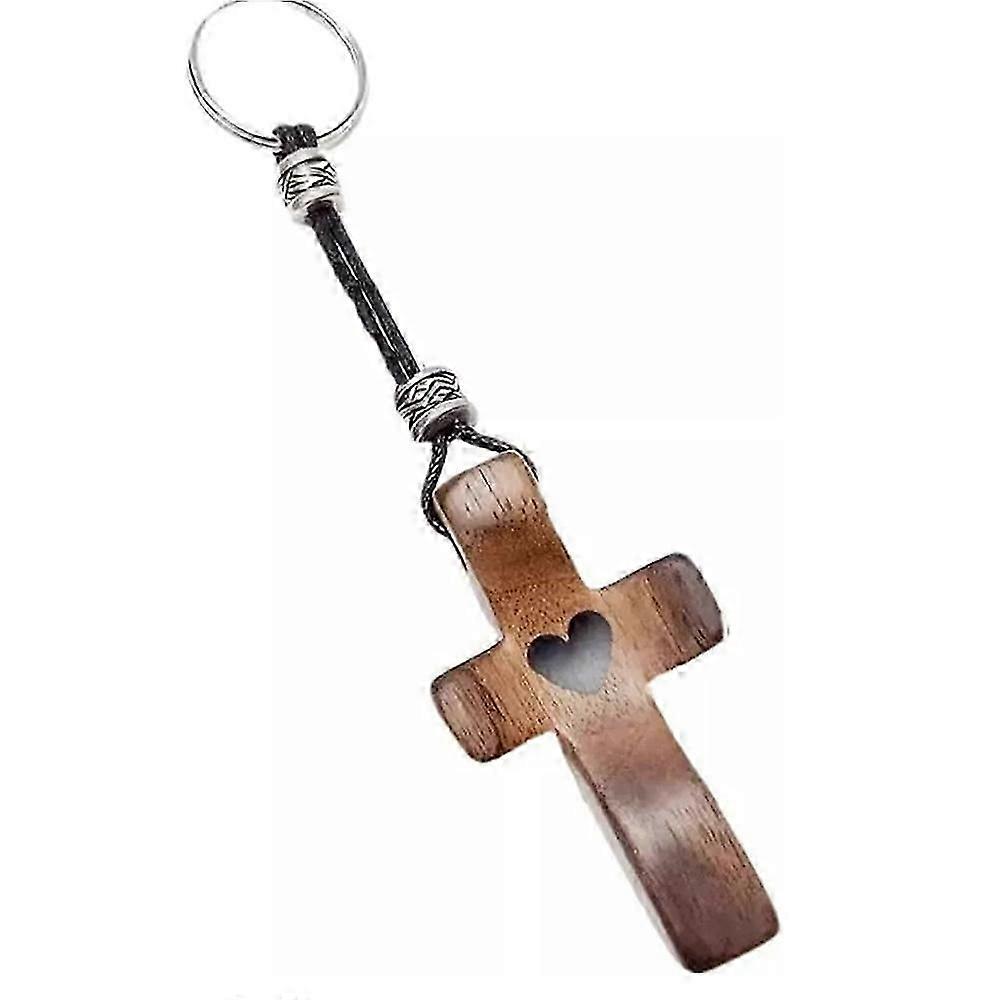 الحرفي خشب الجوز الصليب سلسلة المفاتيح مع قلادة القلب ، قلادة خشبية الصليب