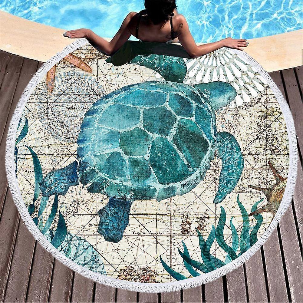 Outdoor Beach Blanket Towel Marine Life Printed Large Round Mat with Tassels