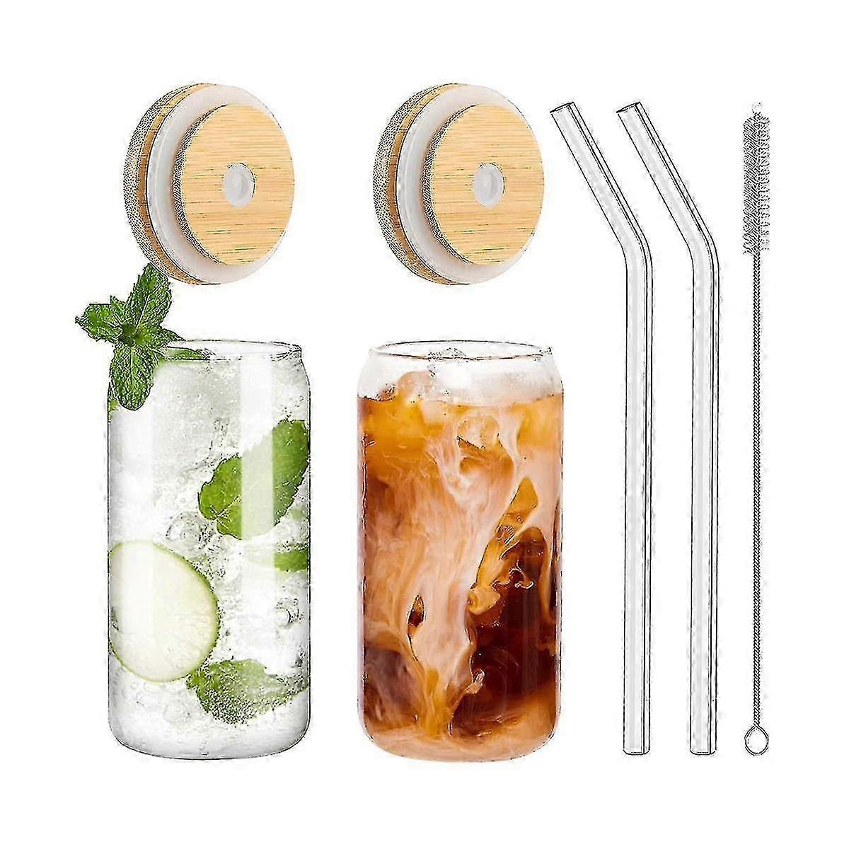 16Oz Bamboo Lid Drinking Glasses Set with Straws, 2PCS Can-Shaped Cups