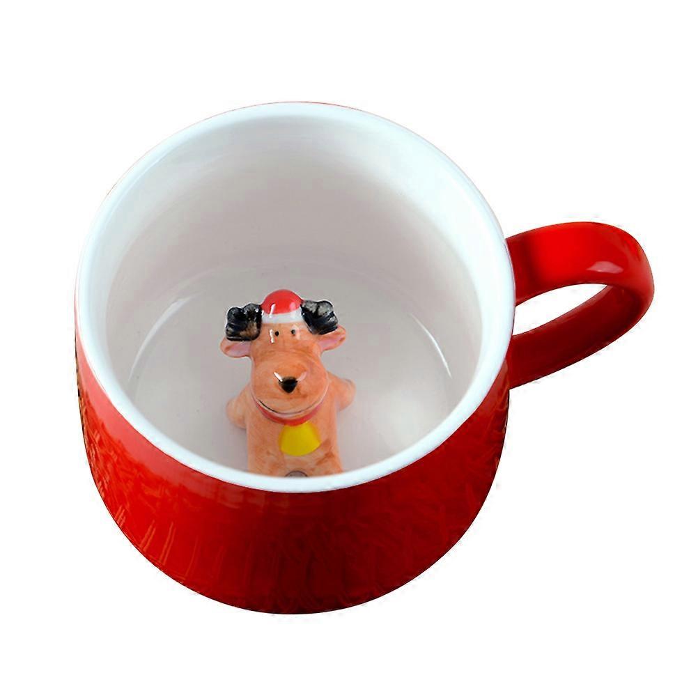 Ceramic Tea Cup With Lid 3D Cartoon Pattern Elk Design Microwave Safe 1Pcs