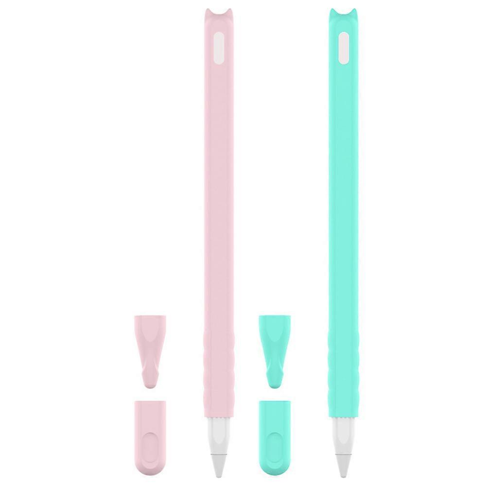 مجموعة مقلمة رأس القط المصنوعة من السيليكون غطاء واقي ناعم لقلم رصاص ، متوافق مع أقلام القلم ، غير سامة ، مقاومة للبهتان ، وردي وأخضر نعناعي