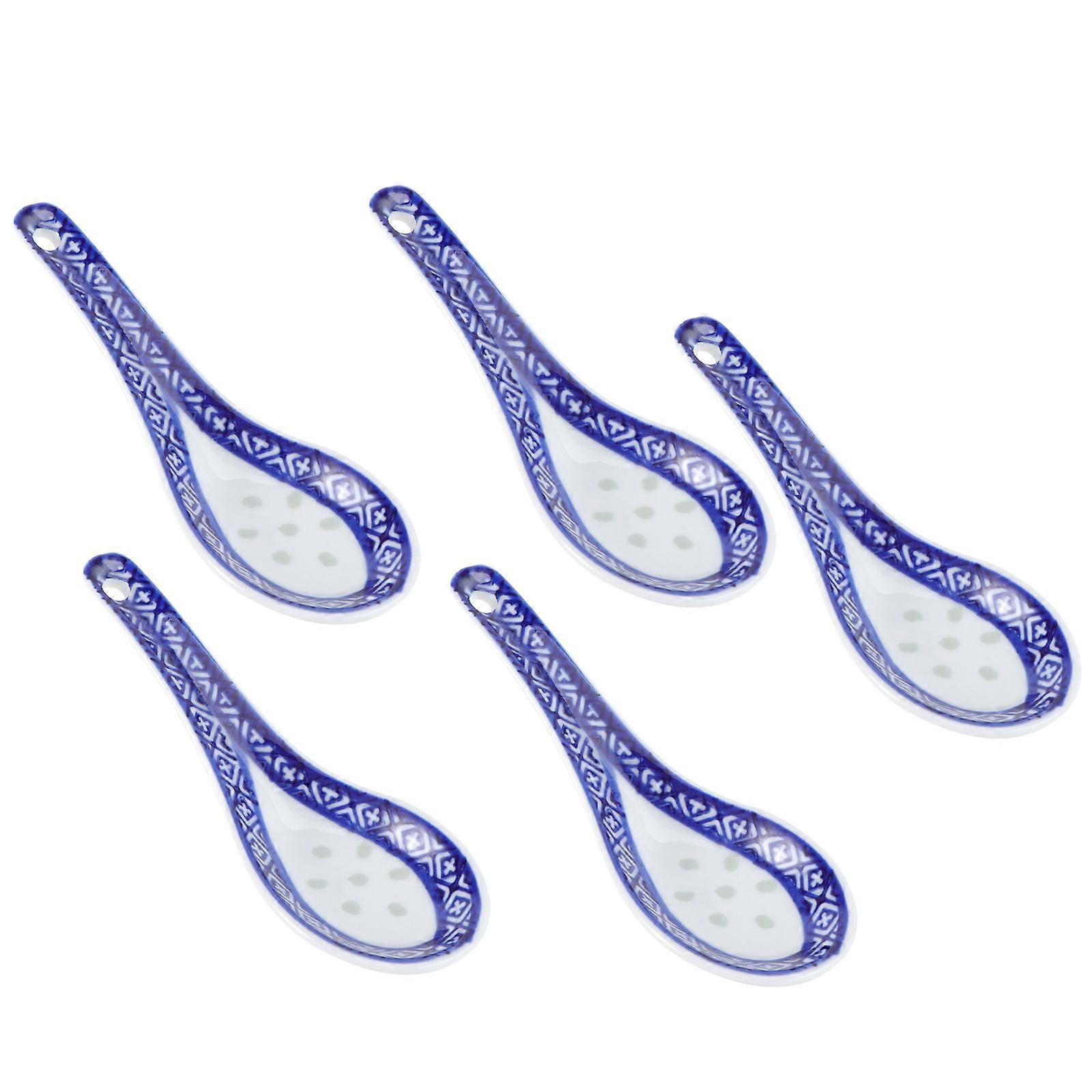 Small Ceramic Soup Spoons Chinese Style Tableware for Restaurant Use Elegant Design 13.5*4.5CM 5Pcs
