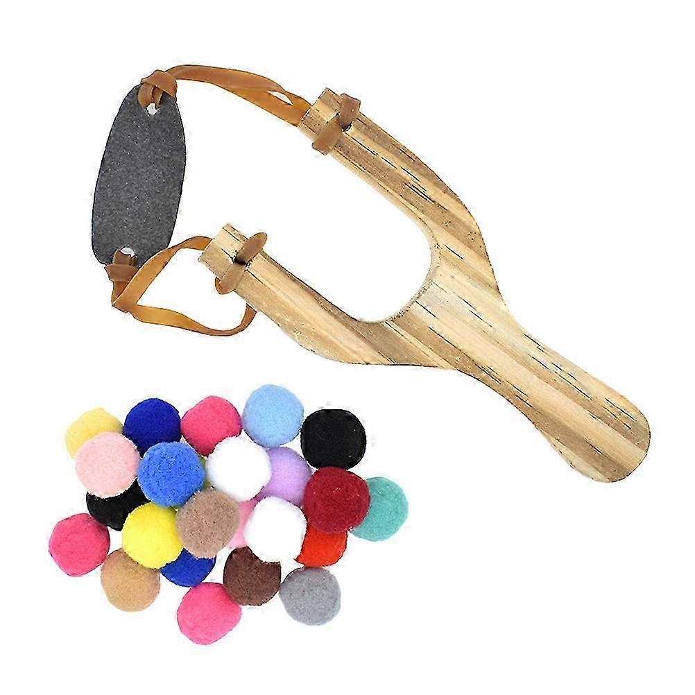 Wooden Sling Shot Solid Wood Toy Plush Balls Hunting Catapult Game Recreational Activities Assorted Color 1Set