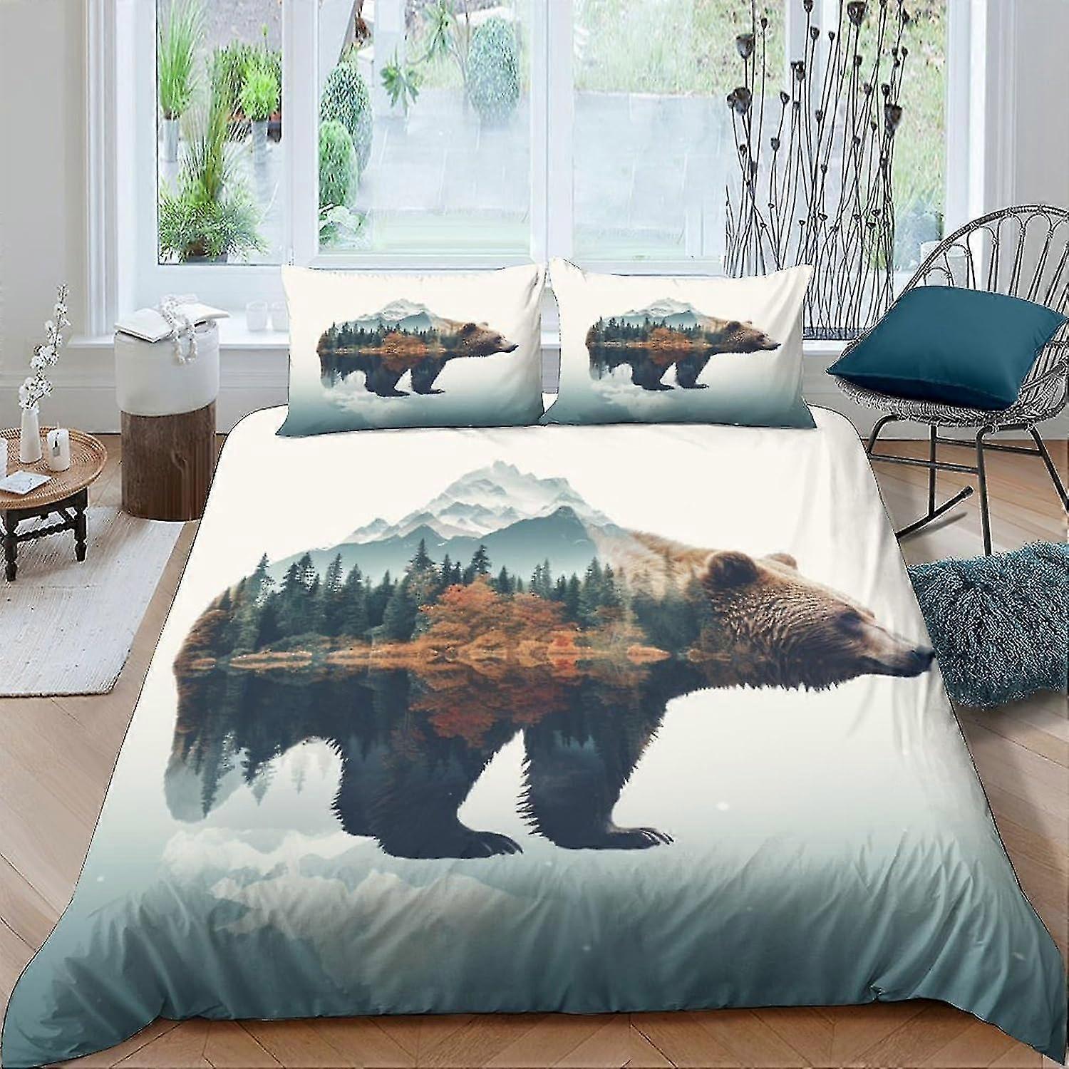 Conjunto de capa de edredão Animal Bear 3 peças Conjunto de cama de um lado Capa de colcha de microfibra ultra macia com fronhas duplas