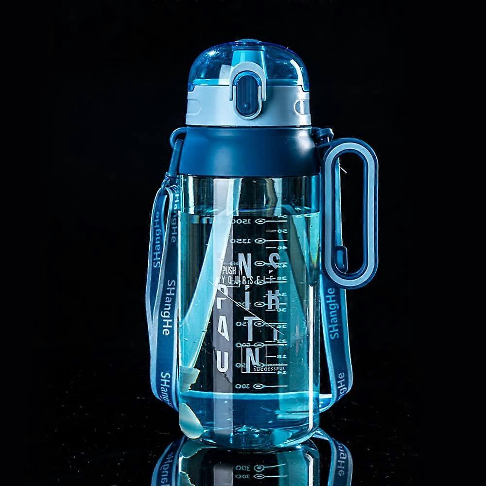 Large Water Bottle with Straw, 1600ml Clear Leak Proof Sports Water Bottle Plastic Water Bottle with Handle and Detachable Strap (Color: Blue)