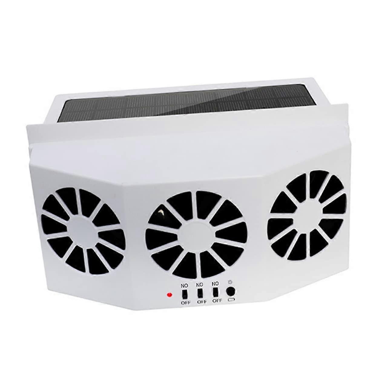 Solarpowered car fan for efficient ventilation in parked vehicles. Installs easily, absorbs sunlight to circulate air and combat odors.