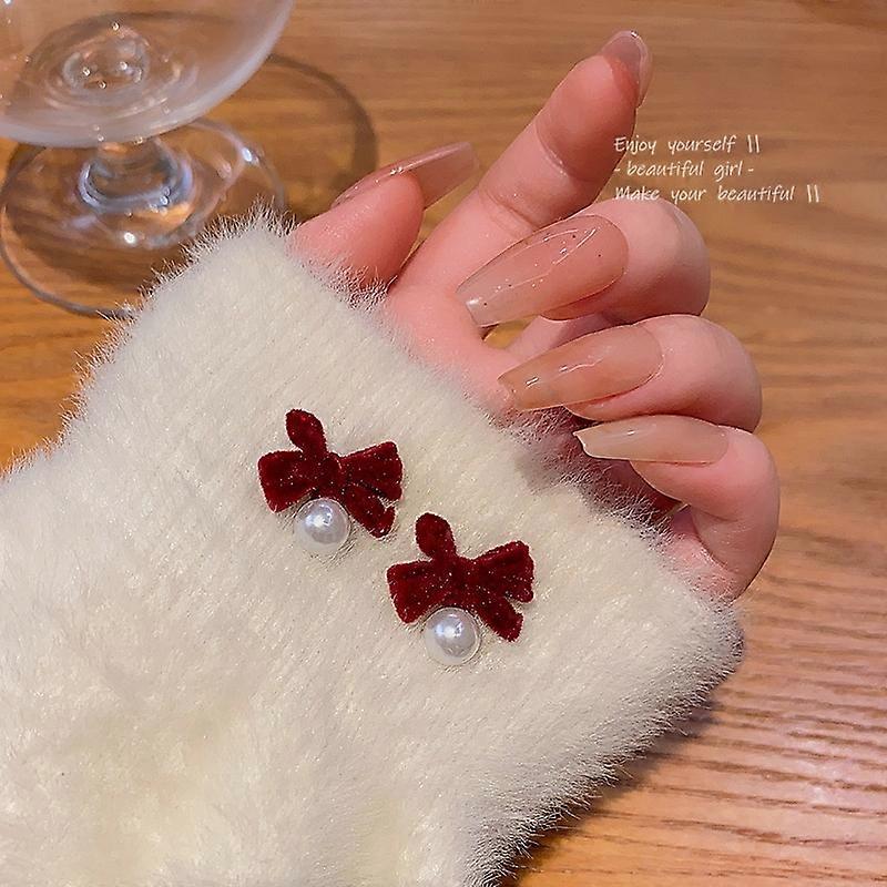 Bow Earrings Velvet Pearl 925 Silver Needle Flocking Dangle